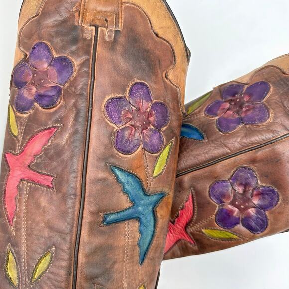 Oak Tree Farms Western Boots Bird Flower Custom Handmade Leather Teak 7.5 OOAK - Picture 2 of 12